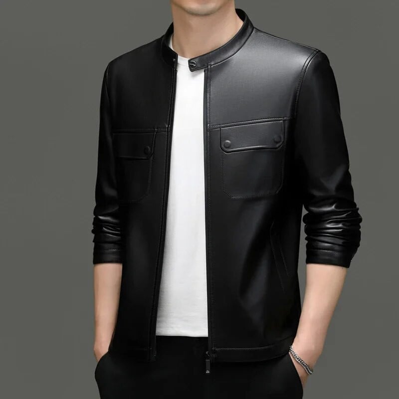 Pánska zimná kožená motocyklová bunda z ovčej kože s golierom na zips, retro zelená, módna ležérna kožená bunda