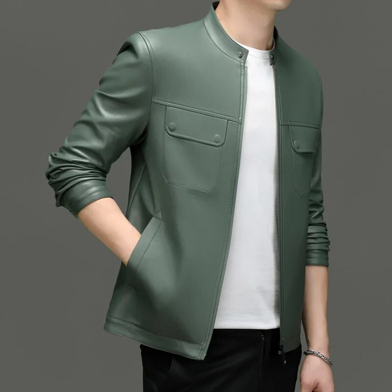 Pánska zimná kožená motocyklová bunda z ovčej kože s golierom na zips, retro zelená, módna ležérna kožená bunda