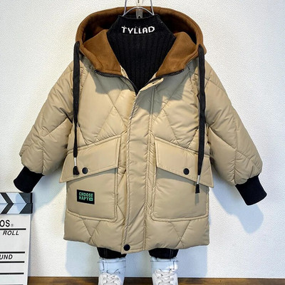 Uus talvine keskmine ja suur laste puuvillase polsterdatud sulejope poiste jakid sametpolsterdatud paksendatud mitme taskuga mantel