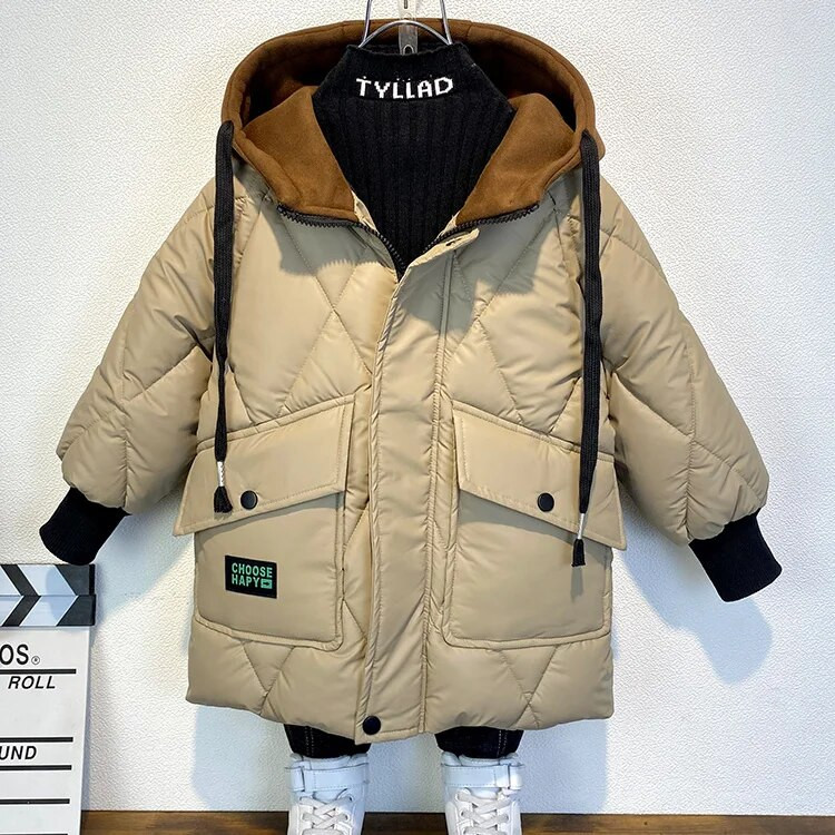 Uus talvine keskmine ja suur laste puuvillase polsterdatud sulejope poiste jakid sametpolsterdatud paksendatud mitme taskuga mantel