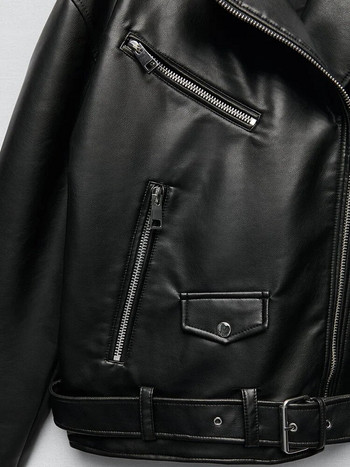 TRAF Дамско свободно мотоциклетно мотоциклетно черно яке от изкуствена кожа с колан Пролет Есен Дамско горно облекло с цип