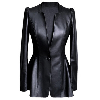 Lautaro Есенно черно тънко меко яке от изкуствена кожа Дамско яке с дълбоко V деколте и дълъг буф ръкав, елегантен луксозен блейзър с пола Мода 2021