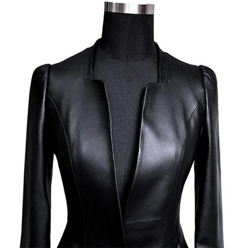 Lautaro Есенно черно тънко меко яке от изкуствена кожа Дамско яке с дълбоко V деколте и дълъг буф ръкав, елегантен луксозен блейзър с пола Мода 2021