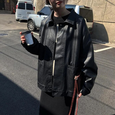 Черно зимно кожено яке Дамско корейско свободно тънко мото яке Дамско 2021 есенно модно улично дамско връхно облекло Байкърски палта