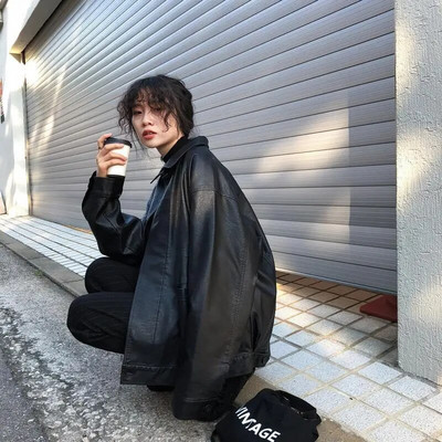 Čierna zimná kožená bunda pre ženy, kórejská voľná tenká moto bunda, dámska jesenná móda 2021, streetwear, vrchné oblečenie, motorkárske kabáty