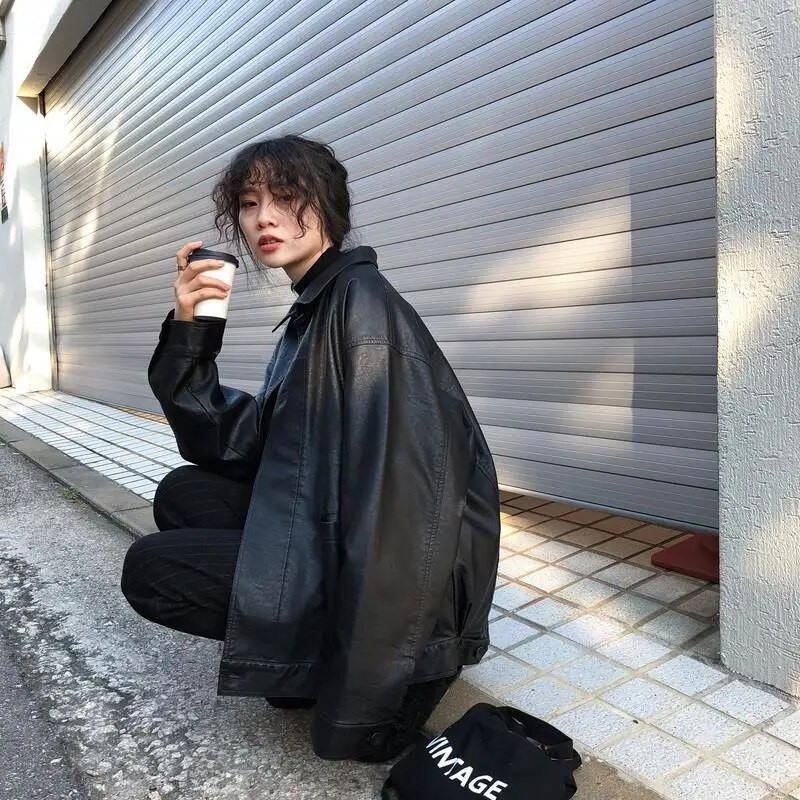 Čierna zimná kožená bunda pre ženy, kórejská voľná tenká moto bunda, dámska jesenná móda 2021, streetwear, vrchné oblečenie, motorkárske kabáty