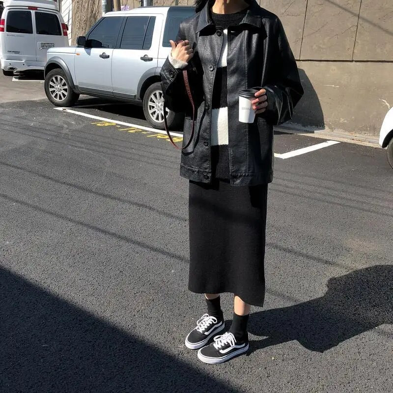 Čierna zimná kožená bunda pre ženy, kórejská voľná tenká moto bunda, dámska jesenná móda 2021, streetwear, vrchné oblečenie, motorkárske kabáty