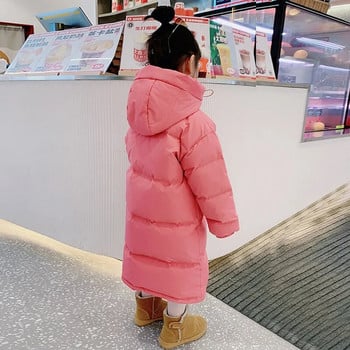 3-12 години зимно пухено яке за момичета, дълго стилно едноцветно модно парка, горно облекло с качулка и цип, подарък за рожден ден, детски дрехи