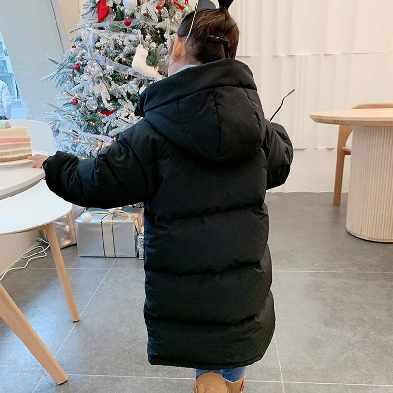 Jachetă de puf pentru fete de iarnă de 3-12 ani, stil lung, culoare solidă, haină parka la modă, cu glugă, fermoar, îmbrăcăminte exterioară, cadou de aniversare, haine pentru copii