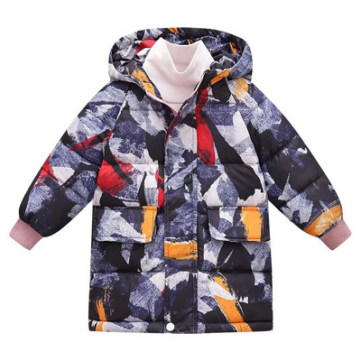 Zimná nová detská maskáčová páperová bunda s veľkým vlneným golierom pre chlapcov a dievčatá, stredne dlhá a dlhá bavlnená bunda, zahustený teplý kabát