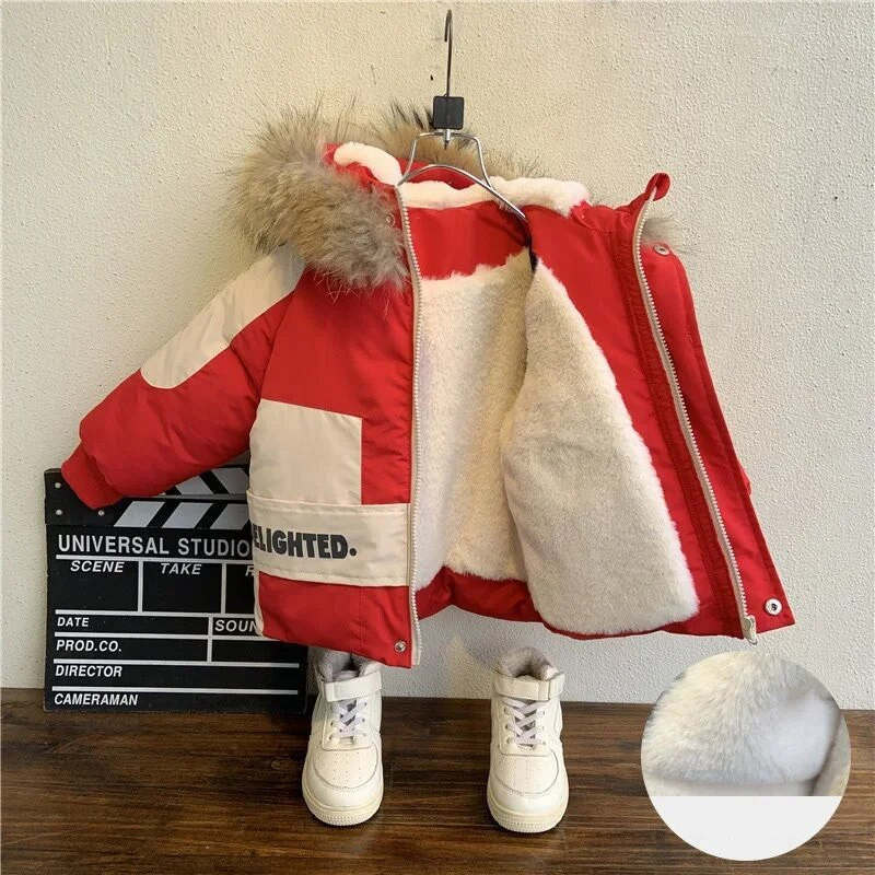 Iarna Baieti Caldura Impermeabil Fleece Captusita Mantouri de zapada Bumbac Gluga de blana pentru bebelusi Jachete termice Parka Copii Tinute pentru copii 1-9 ani