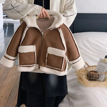 Μεσαίου μήκους γούνινο μπουφάν διπλής όψης για αγόρια Χοντρό ζεστό αντιανεμικό πανωφόρι με κουκούλα βελούδο Κορεάτικα παιδικά φαρδιά βαμβακερά παλτό