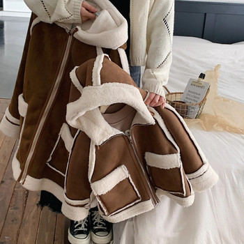 Двулицево кожено яке със средна дължина за момчета Удебелена топла ветровка с кадифена качулка Корейски детски свободни памучни палта