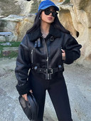 Μόδα παλτό από συνθετικό δέρμα με ζώνη πέτο για γυναίκες Μακρυμάνικο φερμουάρ Λεπτό κοντό σακάκι Άνοιξη φθινόπωρο casual εξωτερικά ενδύματα δρόμου