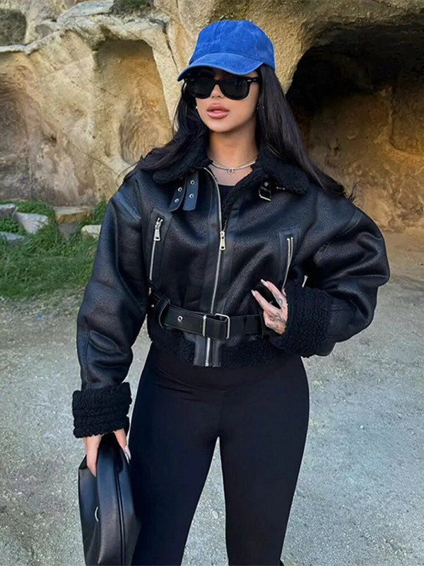 Μόδα παλτό από συνθετικό δέρμα με ζώνη πέτο για γυναίκες Μακρυμάνικο φερμουάρ Λεπτό κοντό σακάκι Άνοιξη φθινόπωρο casual εξωτερικά ενδύματα δρόμου