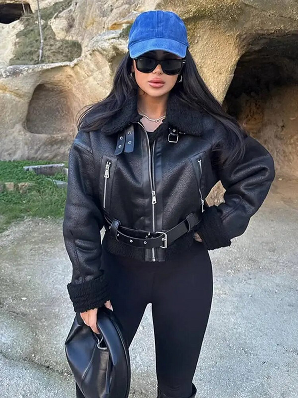 Μόδα παλτό από συνθετικό δέρμα με ζώνη πέτο για γυναίκες Μακρυμάνικο φερμουάρ Λεπτό κοντό σακάκι Άνοιξη φθινόπωρο casual εξωτερικά ενδύματα δρόμου