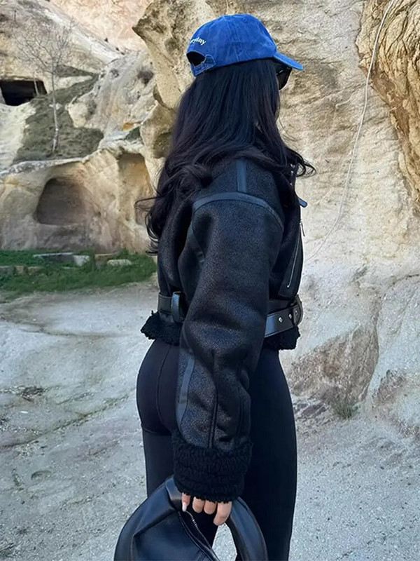 Μόδα παλτό από συνθετικό δέρμα με ζώνη πέτο για γυναίκες Μακρυμάνικο φερμουάρ Λεπτό κοντό σακάκι Άνοιξη φθινόπωρο casual εξωτερικά ενδύματα δρόμου