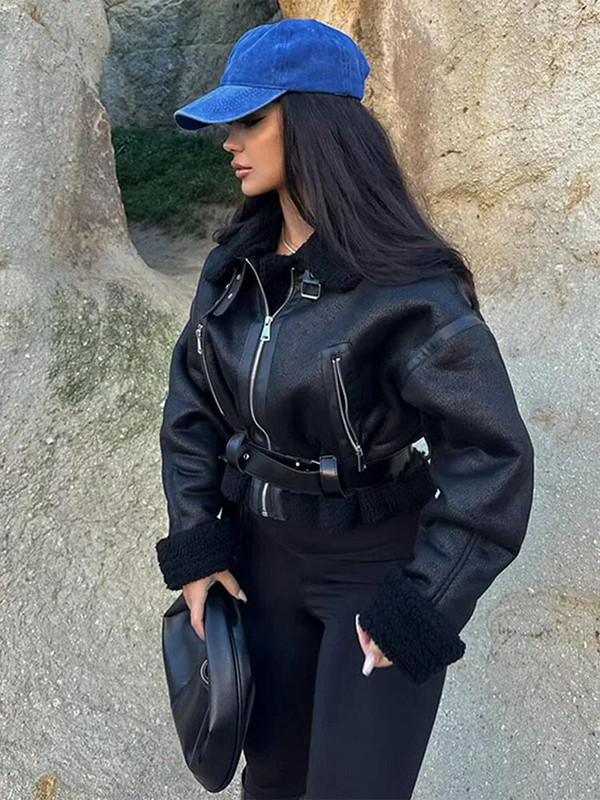 Μόδα παλτό από συνθετικό δέρμα με ζώνη πέτο για γυναίκες Μακρυμάνικο φερμουάρ Λεπτό κοντό σακάκι Άνοιξη φθινόπωρο casual εξωτερικά ενδύματα δρόμου