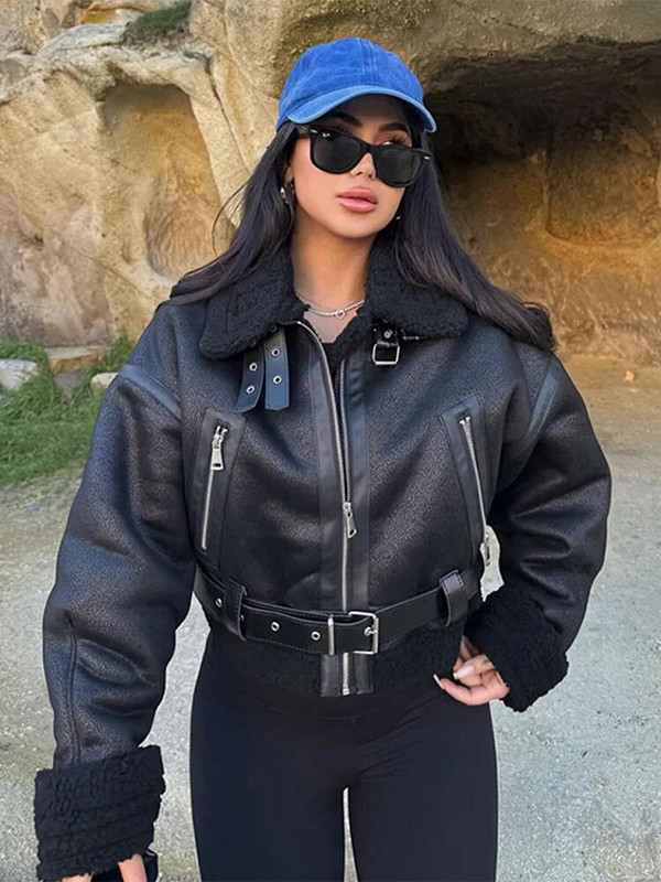 Μόδα παλτό από συνθετικό δέρμα με ζώνη πέτο για γυναίκες Μακρυμάνικο φερμουάρ Λεπτό κοντό σακάκι Άνοιξη φθινόπωρο casual εξωτερικά ενδύματα δρόμου