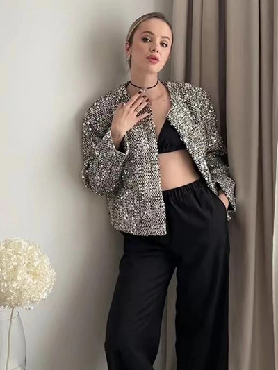 2024 Νέο γαλλικό τουίντ παγιέτες γυναικείο μπουφάν στρογγυλή λαιμόκοψη μακρυμάνικο χαλαρό casual fashion κοστούμι σακάκι