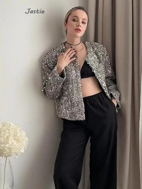 2024 Νέο γαλλικό τουίντ παγιέτες γυναικείο μπουφάν στρογγυλή λαιμόκοψη μακρυμάνικο χαλαρό casual fashion κοστούμι σακάκι