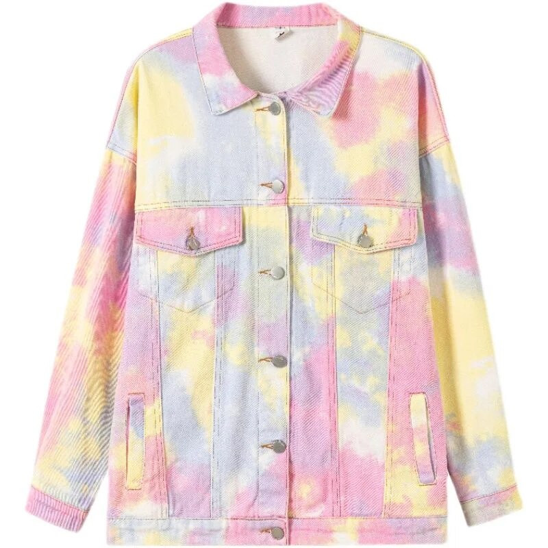 Moteriška džinsinė striukė korėjietiška vaivorykštės skylė, trumpa lauko pavasario ir rudens nauja laisva vienvėrė gatvės džinsinė striukė, 2023 m.