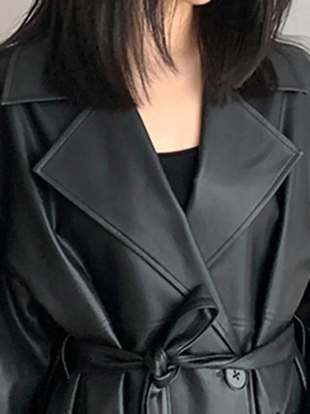 Lautaro Пролет Есен Дълъг извънгабаритен черен кожен тренчкот за жени с пояси с едно копче, свободен, стилен, корейска мода 2021 г.