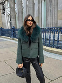 Žiemos prabangus lapės kailio apykaklė vilnonė striukė Moteriška madinga kišenės su viena krūtine, šiltas paltas ilgomis rankovėmis 2023 m. gatvės moteriški paltai