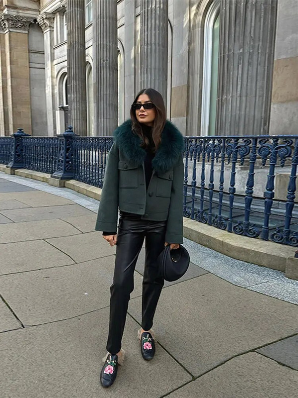 Žiemos prabangus lapės kailio apykaklė vilnonė striukė Moteriška madinga kišenės su viena krūtine, šiltas paltas ilgomis rankovėmis 2023 m. gatvės moteriški paltai