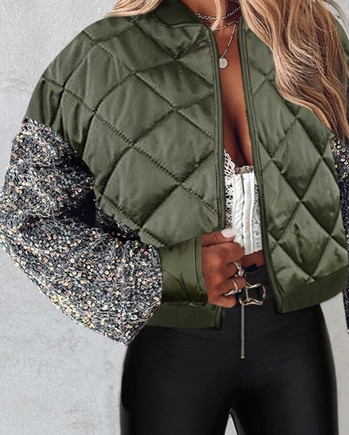 Зимни якета за жени 2023 г. Контрастни пайети Пуфър Дизайн с цип Бейзболна яка Ежедневни ежедневни връхни дрехи с дълъг ръкав Streetwear