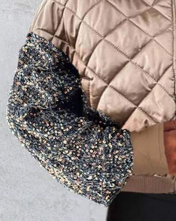 Зимни якета за жени 2023 г. Контрастни пайети Пуфър Дизайн с цип Бейзболна яка Ежедневни ежедневни връхни дрехи с дълъг ръкав Streetwear