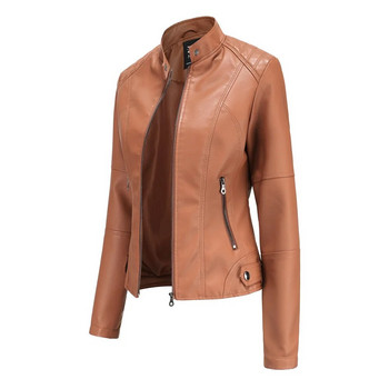 Кожено палто пролетно дамско кожено яке тънко мотоциклетно облекло Модни якета и палта с цип черни висококачествени дрехи