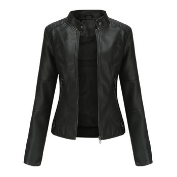 Δερμάτινο παλτό ανοιξιάτικο γυναικείο δερμάτινο μπουφάν λεπτή ενδύματα μοτοσικλέτας Μόδα μπουφάν και παλτό με φερμουάρ μαύρα ρούχα υψηλής ποιότητας