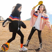Iarnă Junior Fată Plus Catifea Îmbrăcăminte îngroșată Fată elementară Guler înalt Dungi colorate Jachete cu fermoar Copii Fată Palton cald