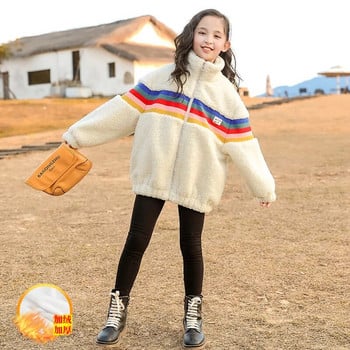 Winter Junior Girl Plus Velvet Thicken Outwear Elementary Girl με ψηλό γιακά πολύχρωμες ρίγες Μπουφάν με φερμουάρ Παιδικό κορίτσι ζεστό παλτό