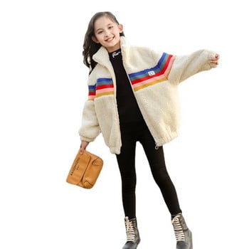 Winter Junior Girl Plus Velvet Thicken Outwear Elementary Girl με ψηλό γιακά πολύχρωμες ρίγες Μπουφάν με φερμουάρ Παιδικό κορίτσι ζεστό παλτό