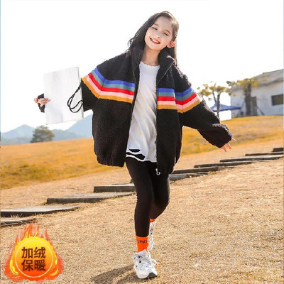 Iarnă Junior Fată Plus Catifea Îmbrăcăminte îngroșată Fată elementară Guler înalt Dungi colorate Jachete cu fermoar Copii Fată Palton cald