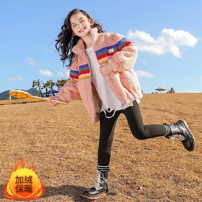 Iarnă Junior Fată Plus Catifea Îmbrăcăminte îngroșată Fată elementară Guler înalt Dungi colorate Jachete cu fermoar Copii Fată Palton cald