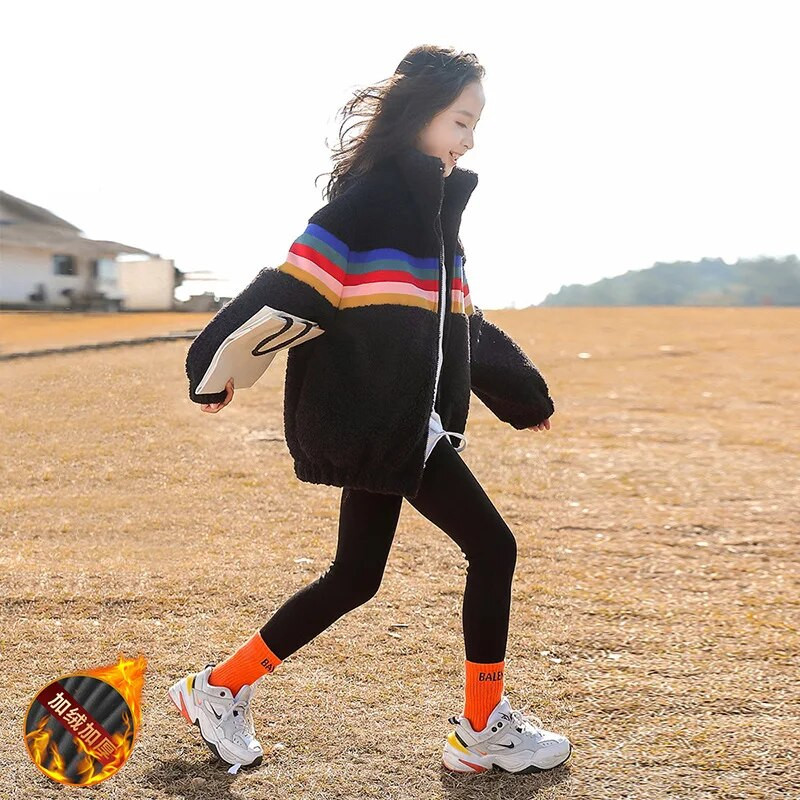 Iarnă Junior Fată Plus Catifea Îmbrăcăminte îngroșată Fată elementară Guler înalt Dungi colorate Jachete cu fermoar Copii Fată Palton cald