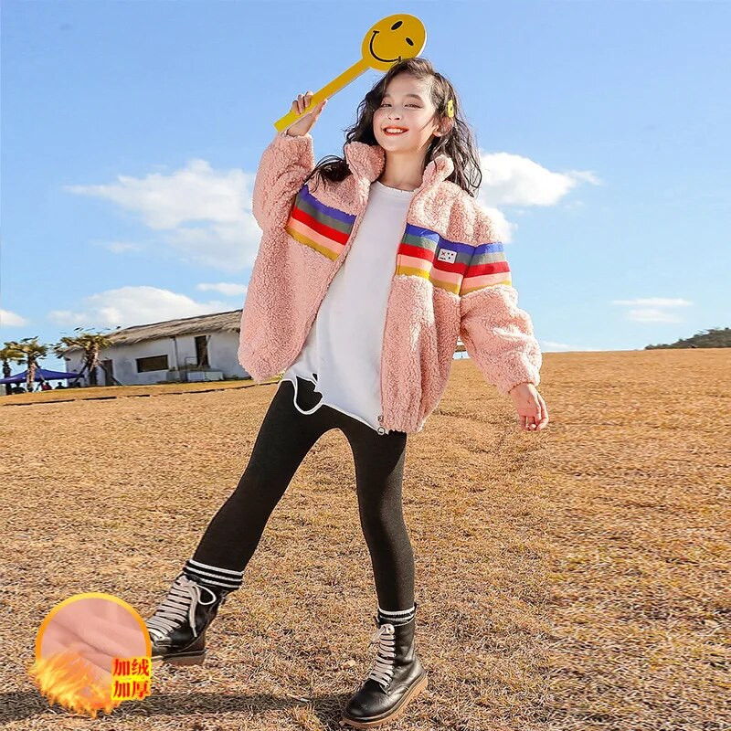 Iarnă Junior Fată Plus Catifea Îmbrăcăminte îngroșată Fată elementară Guler înalt Dungi colorate Jachete cu fermoar Copii Fată Palton cald