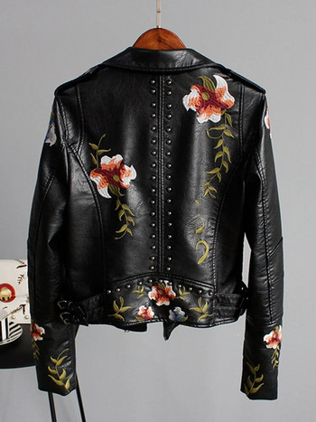 Дамско яке от изкуствена мека кожа с бродирани флорални принтове Дамско яке за мотоциклети Pun Дамско черно пънк яке с шипове за жени