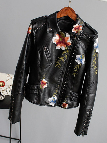 Дамско яке от изкуствена мека кожа с бродирани флорални принтове Дамско яке за мотоциклети Pun Дамско черно пънк яке с шипове за жени