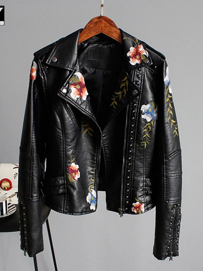 Jachetă din piele sintetică moale brodate cu imprimeu floral Jachetă de motocicletă Pu pentru femei Jachetă neagră punk cu împodobire pentru femei