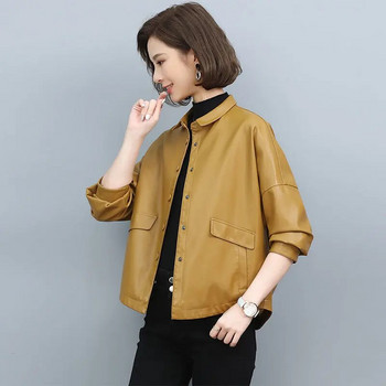 Пролет/есен 2023 Дамско късо свободно палто Корейска версия Дрехи от PU кожа Офис дамски якета за жени Ежедневно палто от изкуствена кожа