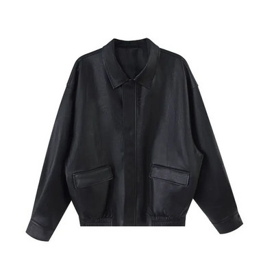 Jachetă vintage din PU pentru femei High Street Techwear Pardesiu supradimensionat din piele artificială Jachetă moto Punk Casual decupat îmbrăcăminte exterioară