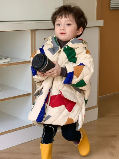 Korea Parka jope, laste talvejope, uus lasteriided, geomeetrilise mustriga poiste puuvillase polsterdatud jope, tüdrukute ülerõivad 3-9 a.