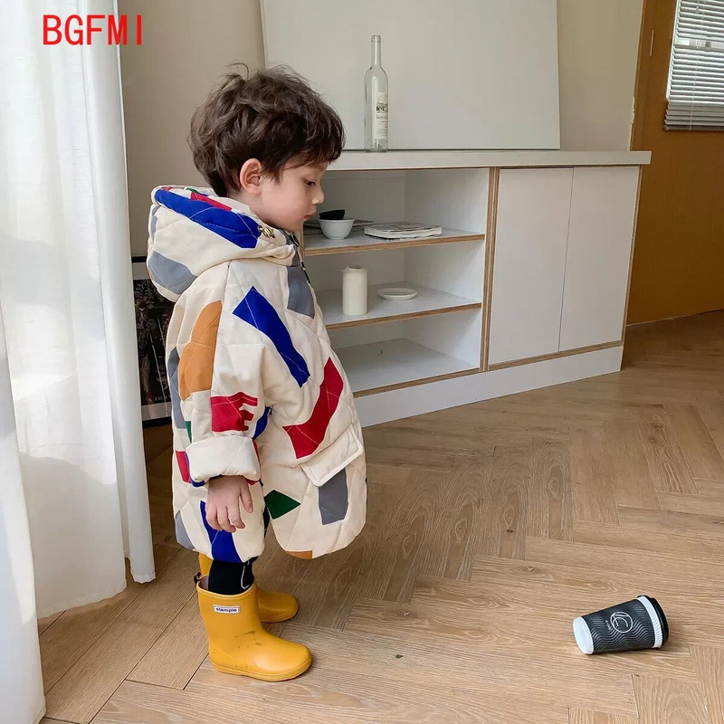 Korea Parka jope, laste talvejope, uus lasteriided, geomeetrilise mustriga poiste puuvillase polsterdatud jope, tüdrukute ülerõivad 3-9 a.