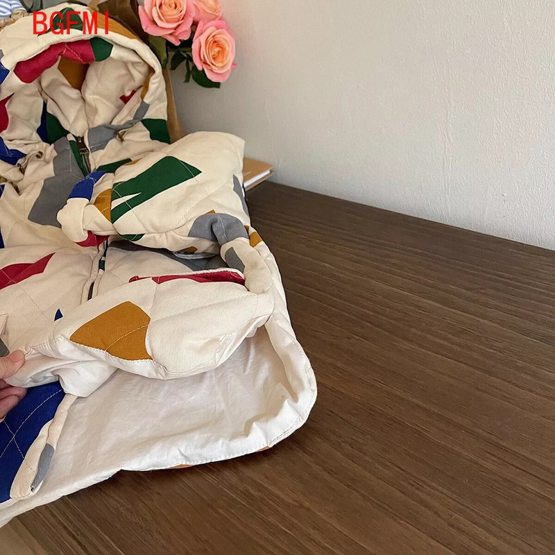 Korea Parka jope, laste talvejope, uus lasteriided, geomeetrilise mustriga poiste puuvillase polsterdatud jope, tüdrukute ülerõivad 3-9 a.