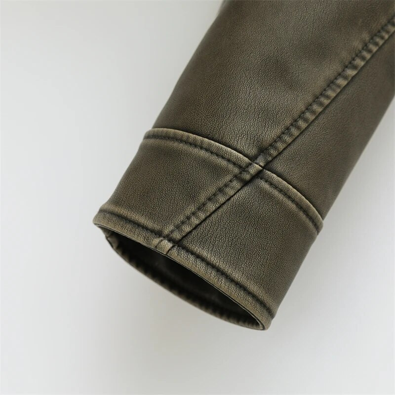 Jachetă de piele lavado cu cinturón pentru femeie, abrigo scurt cu cremallera degradată și cuello vuelto Vintage, jachetă elegantă