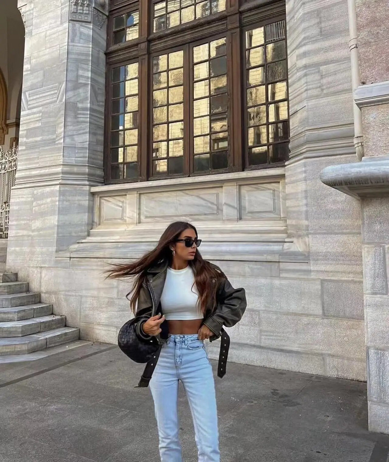 Jachetă de piele lavado cu cinturón pentru femeie, abrigo scurt cu cremallera degradată și cuello vuelto Vintage, jachetă elegantă